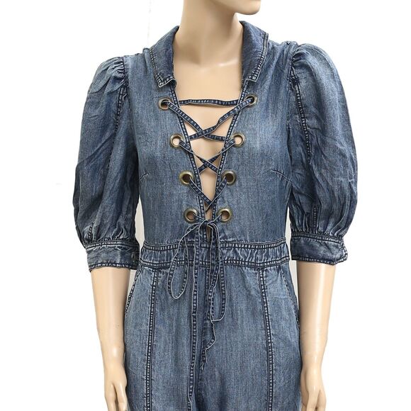 Free People Lace-Up Denim One-Piece Dress Jumpsuit Puff Sleeve Blue XS 280843 - Picture 2 of 4